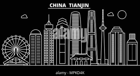 Tianjin silhouette Skyline. China - chinesische Tianjin vektor Stadt, geradlinige Architektur, Gebäude. Tianjin line travel Illustration, Wahrzeichen. China Flachbild-Symbol, chinesisch Grobentwurf banner Stock Vektor