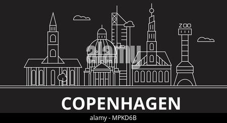 Kopenhagen silhouette Skyline. Dänemark - Kopenhagen vektor Stadt, dänische geradlinige Architektur, Gebäude. Kopenhagen reisen Abbildung, umriss Wahrzeichen. Dänemark Flachbild-Symbol, dänische Linie banner Stock Vektor