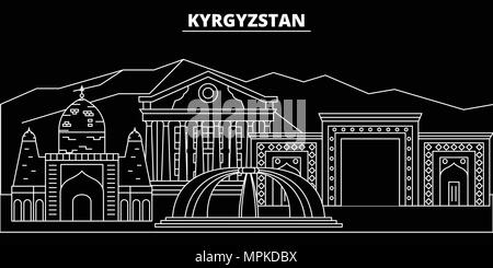 Kirgisistan silhouette Skyline, Vektor Stadt, Kirgisische geradlinige Architektur, Gebäude. Kirgisistan reisen Abbildung, umriss Wahrzeichen, Symbole, kirgisische Linie banner Stock Vektor