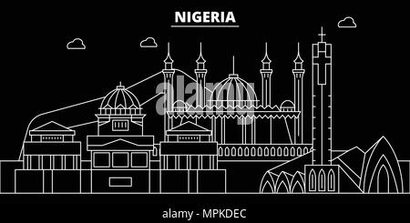 Nigeria silhouette Skyline, Vektor Stadt, nigerianische geradlinige Architektur, Gebäude. Nigeria reisen Abbildung, umriss Wahrzeichen, Icons, nigerianische Linie banner Stock Vektor