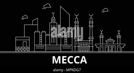 Mekka silhouette Skyline. Saudi-arabien - Mekka vektor Stadt, Saudi Arabian geradlinige Architektur. Mekka reisen Abbildung, umriss Wahrzeichen. Saudi-arabien flachbild Icons, saudi-arabische Linie banner Stock Vektor