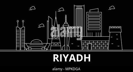 Riad silhouette Skyline. Saudi-arabien - Riyadh vektor Stadt, Saudi Arabian geradlinige Architektur. Riad reisen Abbildung, umriss Wahrzeichen. Saudi-arabien flachbild Icons, saudi-arabische Linie banner Stock Vektor