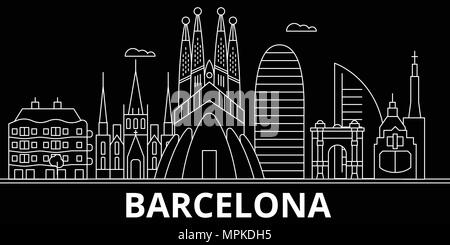 Barcelona silhouette Skyline. Spanien - Barcelona vektor Stadt, Spanisch geradlinige Architektur, Gebäude. Barcelona line travel Illustration, Wahrzeichen. Spanien Symbole, spanisch Grobentwurf banner Stock Vektor