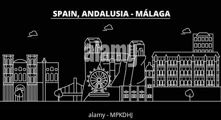 Malaga, Andalusien silhouette Skyline. Spanien - Malaga vektor Stadt, Spanisch geradlinige Architektur. Malaga, Andalusien line travel Illustration, Wahrzeichen. Spanien Symbole, spanisch Grobentwurf banner Stock Vektor