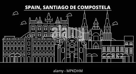 Santiago de Compostela silhouette Skyline, Vektor Stadt, Spanisch geradlinige Architektur. Santiago de Compostela reisen Abbildung, umriss Wahrzeichen, Icons, Spanische Fahne Stock Vektor