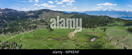 Bergwiese und Zufahrtsstraße in den felsigen Bergen des westlichen Wyoming. Stockfoto