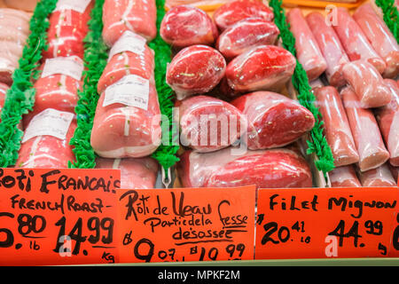 Montreal Kanada, Provinz Quebec, Atwater Market, rue Saint Ambroise, Claude & Henri Boucherie, Fleischprodukte, Vitrine, Metzger, Kanada070704065 Stockfoto