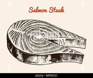Frischer Lachs Steak. Fluss und See oder Meer Kreatur. Süßwasser-Aquarium. Plakat für das Menü. Graviert Hand in alten Vintage Skizze gezeichnet. Gesunde Meeresfrüchte Hintergrund. Stock Vektor
