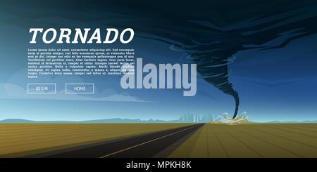 Verdrehen Tornado oder Sturm vom Meer Hurrikan im Ozean. Realistische tropischen Naturkatastrophe oder Katastrophe, Katastrophen und Krisen Hintergrund. Gale Wirbelwind Landschaft. Wetter Banner, Poster oder Karte. Stock Vektor
