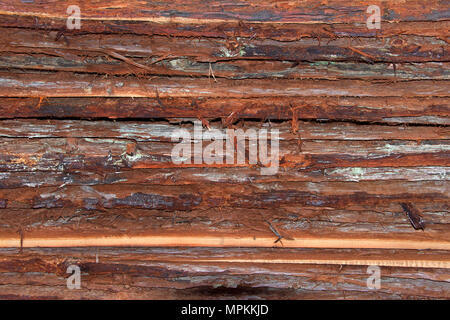 Schichten aus Holz, Rinde frisch geschnitten aus Rundholz gestapelt. Während der Mühle von Bauholz für den Bau verworfen. Stockfoto