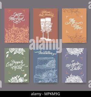 Set von 6 rainbow Hochzeit Karten auf Skizzen und Pinsel Kalligraphie basiert. Schließt Wein Glas, Blumenstrauß und Kuchen. Stock Vektor