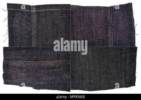 Sammlung von dunklen Jeans Stoff Texturen auf weißem Hintergrund. Grobe unebenen Kanten. Rechteckige zusammengesetzte Bild von jeans Texturen Stockfoto