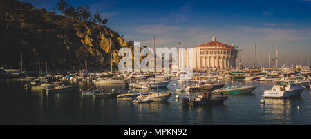 Iconic Catalina Casino durch angelegte Boote in Avalon Hafen umgeben, Santa Catalina Island, Kalifornien Stockfoto