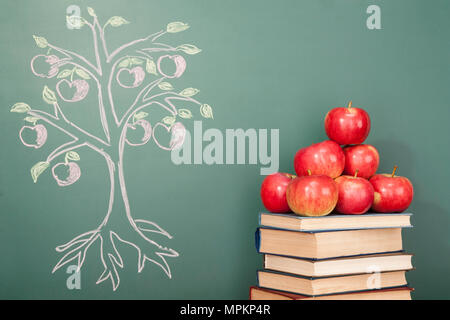 Bildung Konzept mit Äpfeln und Abbildung: Apple Tree auf der Tafel Stockfoto