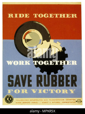 Us WWII Vintage Propaganda Poster - Sparen Sie Gummi für den Sieg. Stockfoto