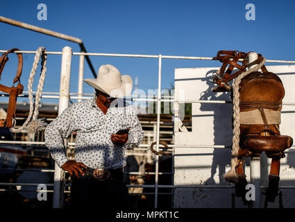 Rodeo Expogan 20 mayo 2018. (Foto: NortePhoto/Luis Gutierrez) Cowboys Sport, Reiten und Stier reiten, ein starkes Signal in Chihuahua, Sonora und Baja California Mex. und den benachbarten Staaten der Vereinigten Staaten gefolgt. Männer für die Herrlichkeit in nur 8 Sekunden, um die ersten Plätze des Rodeo in extremen Sporen. Das Rodeo ist eine traditionelle Amerikanische extreme Sport mit Einflüssen aus der Geschichte der spanischen Cowboys und mexikanischen Charros. Es besteht aus Reiten wilde Fohlen oder wildes Vieh (Wie lenkt und Bullen) und die Durchführung von verschiedenen Übungen, wie das Werfen der Lasso, rejonear, etc. Stockfoto