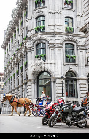 Montreal Kanada, Provinz Quebec, Rue Sainte Helene, Vieux Montreal, Pferdekutsche, Architektur, Architektur, Motorrad-Motorräder, Geschichte Stockfoto