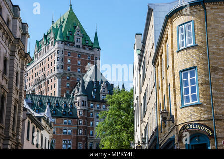 Quebec Kanada, Oberstadt, Rue du Fort, Fairmont Le Chateau Frontenac, Hotel, historische Gebäude, Skyline der Stadt, Canada070710021 Stockfoto