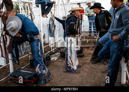Rodeo Expogan 20 mayo 2018. (Foto: NortePhoto/Luis Gutierrez) Cowboys Sport, Reiten und Stier reiten, ein starkes Signal in Chihuahua, Sonora und Baja California Mex. und den benachbarten Staaten der Vereinigten Staaten gefolgt. Männer für die Herrlichkeit in nur 8 Sekunden, um die ersten Plätze des Rodeo in extremen Sporen. Das Rodeo ist eine traditionelle Amerikanische extreme Sport mit Einflüssen aus der Geschichte der spanischen Cowboys und mexikanischen Charros. Es besteht aus Reiten wilde Fohlen oder wildes Vieh (Wie lenkt und Bullen) und die Durchführung von verschiedenen Übungen, wie das Werfen der Lasso, rejonear, etc. Stockfoto