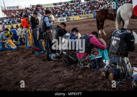 Rodeo Expogan 20 mayo 2018. (Foto: NortePhoto/Luis Gutierrez) Cowboys Sport, Reiten und Stier reiten, ein starkes Signal in Chihuahua, Sonora und Baja California Mex. und den benachbarten Staaten der Vereinigten Staaten gefolgt. Männer für die Herrlichkeit in nur 8 Sekunden, um die ersten Plätze des Rodeo in extremen Sporen. Das Rodeo ist eine traditionelle Amerikanische extreme Sport mit Einflüssen aus der Geschichte der spanischen Cowboys und mexikanischen Charros. Es besteht aus Reiten wilde Fohlen oder wildes Vieh (Wie lenkt und Bullen) und die Durchführung von verschiedenen Übungen, wie das Werfen der Lasso, rejonear, etc. Stockfoto