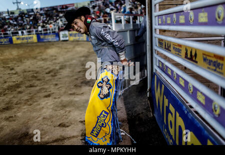 Rodeo Expogan 20 mayo 2018. (Foto: NortePhoto/Luis Gutierrez) Cowboys Sport, Reiten und Stier reiten, ein starkes Signal in Chihuahua, Sonora und Baja California Mex. und den benachbarten Staaten der Vereinigten Staaten gefolgt. Männer für die Herrlichkeit in nur 8 Sekunden, um die ersten Plätze des Rodeo in extremen Sporen. Das Rodeo ist eine traditionelle Amerikanische extreme Sport mit Einflüssen aus der Geschichte der spanischen Cowboys und mexikanischen Charros. Es besteht aus Reiten wilde Fohlen oder wildes Vieh (Wie lenkt und Bullen) und die Durchführung von verschiedenen Übungen, wie das Werfen der Lasso, rejonear, etc. Stockfoto