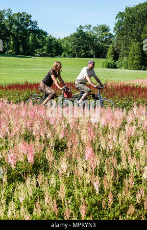 Quebec Kanada, Parc du Bois de Coulonge, öffentlicher Park, Paar, Mann, Männer, Frau, Frauen, Fahrrad, Radfahren, Reiten, Radfahren, Fahrer, Radweg, Blume, Blumen Stockfoto