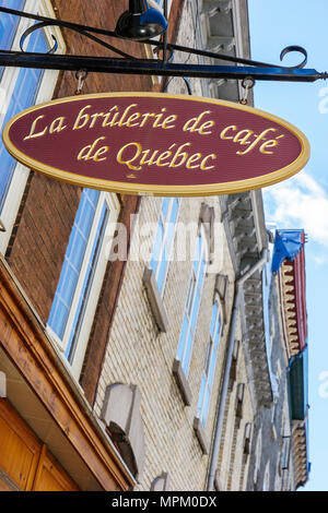 Quebec City Canada, Canadian, North America, American, Rue Saint Jean, La Brulerie de Cafe de Quebec, Schild, Kaffeebrauerei, Besucher reisen unterwegs Stockfoto