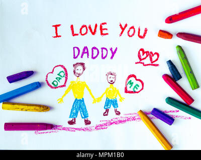Kid Zeichnung der Vater mit seinem Kind für die happy Vatertag Thema mit ICH LIEBE DICH PAPA Nachricht. Stockfoto