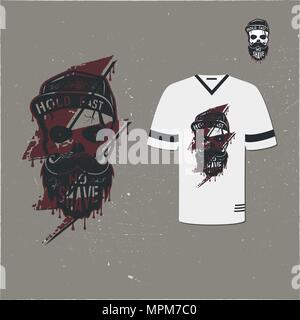 Schädel Charakter mit Blutflecken, cap. Jahrgang Hand gezeichnet Label, Street Style. Stadt Attribute. Kein Zeichen rasieren. Monochrom. Hipster Symbol. Vektor auf weißem Hintergrund Stock Vektor