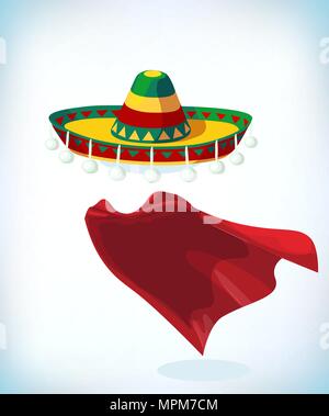 Sombrero Mexican Hat. Maskerade kostüm Kopfschmuck. Karneval oder Halloween Mask. Cartoon Maskottchen Vector Illustration. Lustig super hero Fliegen mit Mantel Stock Vektor