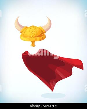 Wikinger Helm mit Hörnern. Maskerade kostüm Kopfschmuck. Karneval oder Halloween Mask. Cartoon Maskottchen Vector Illustration. Lustig super hero Fliegen mit c Stock Vektor