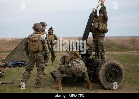 CAPU TONTRÄGER, Rumänien (20. März 2017) - Marines aus der 24 Marine Expeditionary Unit (MEU) bereiten Sie eine M 327 Mörtel auf Capu Tonträger Trainingsgelände zu laden, Rumänien, während der Übung Frühling Sturm 2017, März 20. Die 24. MEU nahmen an der rumänisch-led bilaterale maritime Ausbildung Evolution. Die 24. MEU ist mit dem Bataan amphibischen Bereitschaft Gruppe implementiert Maritime Security Operations und Theater Sicherheit Zusammenarbeit in den USA im 5. und 6. US-Flotte Bereiche des Betriebes zu unterstützen. (U.S. Marine Corps Foto von Lance Cpl. Melanye Martinez/Freigegeben) Stockfoto