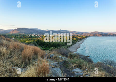 Griechenland, Peloponnes, Arcadia, Blick von der Antike Asini, Plaka Beach und Drepano Stockfoto