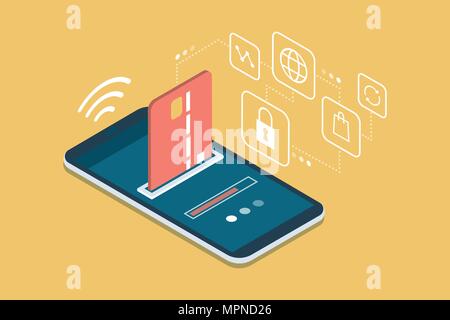 Sichere und einfache e-Zahlungen auf dem Smartphone mit Apps: Die Zahlung ist mit der Kreditkarte verarbeitet Stock Vektor