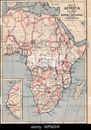 'Map von Afrika 1891 Übersicht Routen von Explorers'. Artist: Unbekannt. Stockfoto