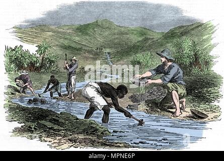 Goldwaschen während des kalifornischen Goldrausches von 1849. Artist: Unbekannt. Stockfoto