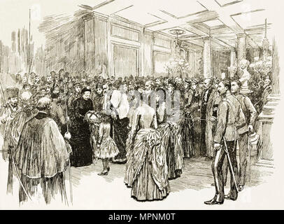 Königin Victoria im Mansion House, City von London nach Ihrer Rückkehr aus dem East End London England UK 14. Mai 1887. 19. jahrhundert Viktorianischen Gravur ca. 1887 Stockfoto