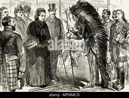 Die Sioux Chief Red Shirt, Königin Victoria im Wild West Show während der großen amerikanischen Ausstellung London England UK vorgestellt. 19. jahrhundert Viktorianischen Gravur ca. 1887 Stockfoto