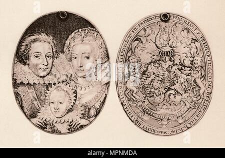 "Friedrich von Böhmen, Elisabeth Stuart, und ihr Sohn, Friedrich Heinrich", 1621, (1904). Artist: Daniel Mytens. Stockfoto