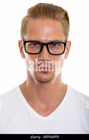 Gesicht der jungen gutaussehenden Mann Brille tragen Stockfoto