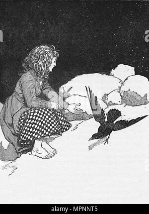 "Plötzlich eine große Raven hüpfte auf den Schnee vor ihr', c 1930. Artist: W Heath Robinson. Stockfoto
