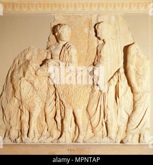 Parthenon Frieze, Elgin Marbles, Opfer einer Prozession mit Ram, c 5. Jahrhundert v. Chr.. Artist: Phidias. Stockfoto