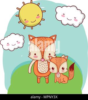 Fox Vater mit seinen niedlichen Kind in der Landschaft Stock Vektor