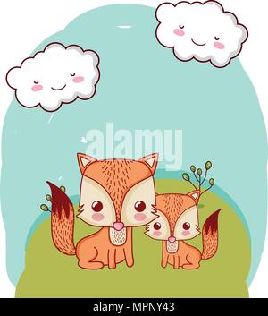 Cute fox Vater mit seinem Kind in der Landschaft Stock Vektor