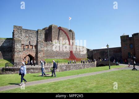 Carlisle Castle Carlisle Cumbria, Großbritannien. 23., Mai, 2018. Weinende Fenster von keramischen Mohnblumen kunst Installation an der Carlisle Castle. Das Projekt wird im Gedenken an den Ersten Weltkrieg und wird durch Künstler Paul Cummins und Designer Tom Piper. Teil von Blut fegte Länder und Meere der Roten Installation. Credit: Andrew Findlay/Alamy leben Nachrichten Stockfoto