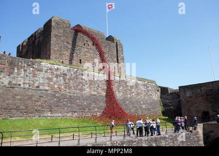 Carlisle Castle Carlisle Cumbria, Großbritannien. 23., Mai, 2018. Weinende Fenster von keramischen Mohnblumen kunst Installation an der Carlisle Castle. Das Projekt wird im Gedenken an den Ersten Weltkrieg und wird durch Künstler Paul Cummins und Designer Tom Piper. Teil von Blut fegte Länder und Meere der Roten Installation. Credit: Andrew Findlay/Alamy leben Nachrichten Stockfoto