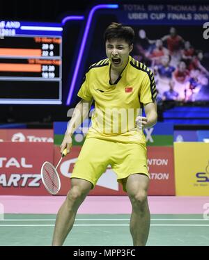 Bangkok, Thailand. 24. Mai, 2018. Shi Yuqi von Team China feiert gegen Wang 1176 Wei von Team Chinesisch Taipei während der BWF Thomas Cup Viertelfinale 2018 in Bangkok, Thailand, am 24. Mai 2018. Shi Yuqi gewann 2-0 und das Team China in die Halbfinale mit 3-0. Credit: Wang Shen/Xinhua/Alamy leben Nachrichten Stockfoto