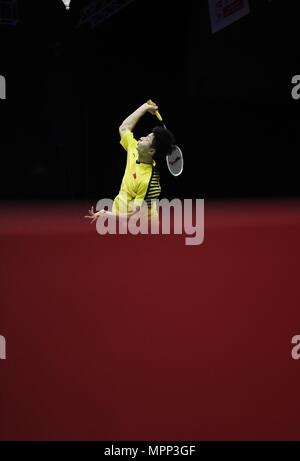 Bangkok, Thailand. 24. Mai, 2018. Shi Yuqi von Team China schlägt eine Rückkehr gegen Wang 1176 Wei von Team Chinesisch Taipei während der BWF Thomas Cup Viertelfinale 2018 in Bangkok, Thailand, am 24. Mai 2018. Shi Yuqi gewann 2-0 und das Team China in die Halbfinale mit 3-0. Credit: Wang Shen/Xinhua/Alamy leben Nachrichten Stockfoto