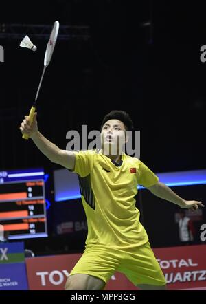 Bangkok, Thailand. 24. Mai, 2018. Shi Yuqi von Team China schlägt eine Rückkehr gegen Wang 1176 Wei von Team Chinesisch Taipei während der BWF Thomas Cup Viertelfinale 2018 in Bangkok, Thailand, am 24. Mai 2018. Shi Yuqi gewann 2-0 und das Team China in die Halbfinale mit 3-0. Credit: Wang Shen/Xinhua/Alamy leben Nachrichten Stockfoto