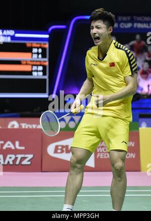 Bangkok, Thailand. 24. Mai, 2018. Shi Yuqi von Team China feiert gegen Wang 1176 Wei von Team Chinesisch Taipei während der BWF Thomas Cup Viertelfinale 2018 in Bangkok, Thailand, am 24. Mai 2018. Shi Yuqi gewann 2-0 und das Team China in die Halbfinale mit 3-0. Credit: Wang Shen/Xinhua/Alamy leben Nachrichten Stockfoto